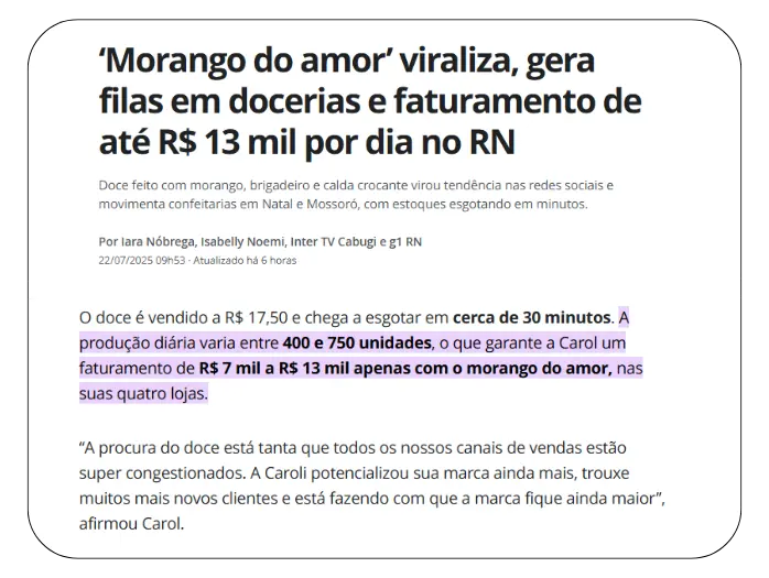 Notícia sobre faturamento com Morango do Amor